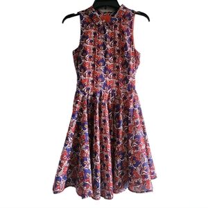 Kaya & Sloane Red/Blue Leaf Pleated Fit & Flare Shirt Dress